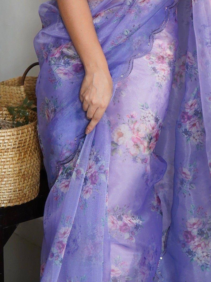 Purple floral saree with delicate embroidery, perfect for ethnic occasions