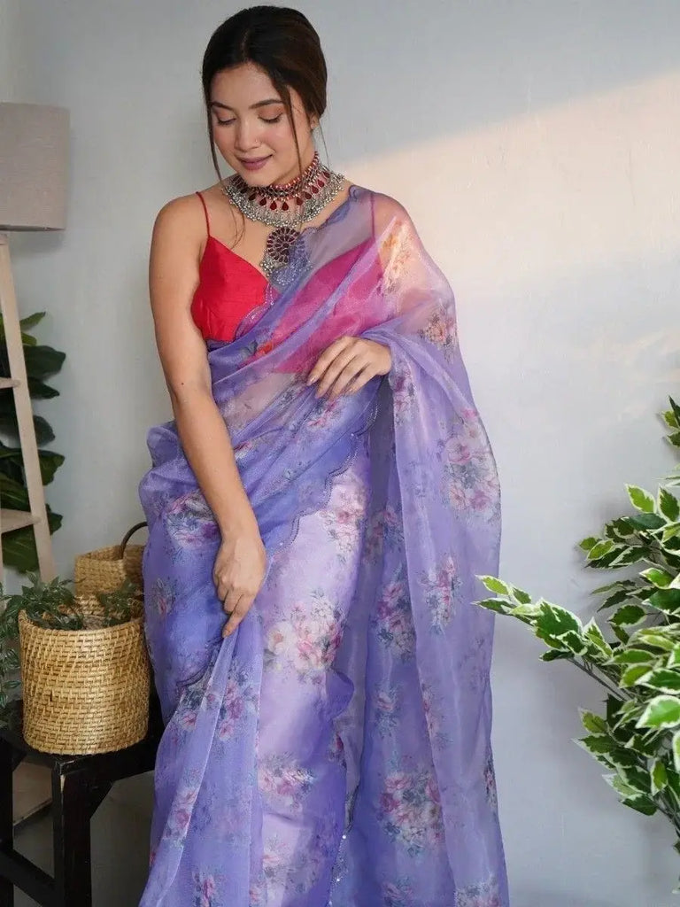 Enchanting Purple Floral Printed Organza Festival Wear Saree