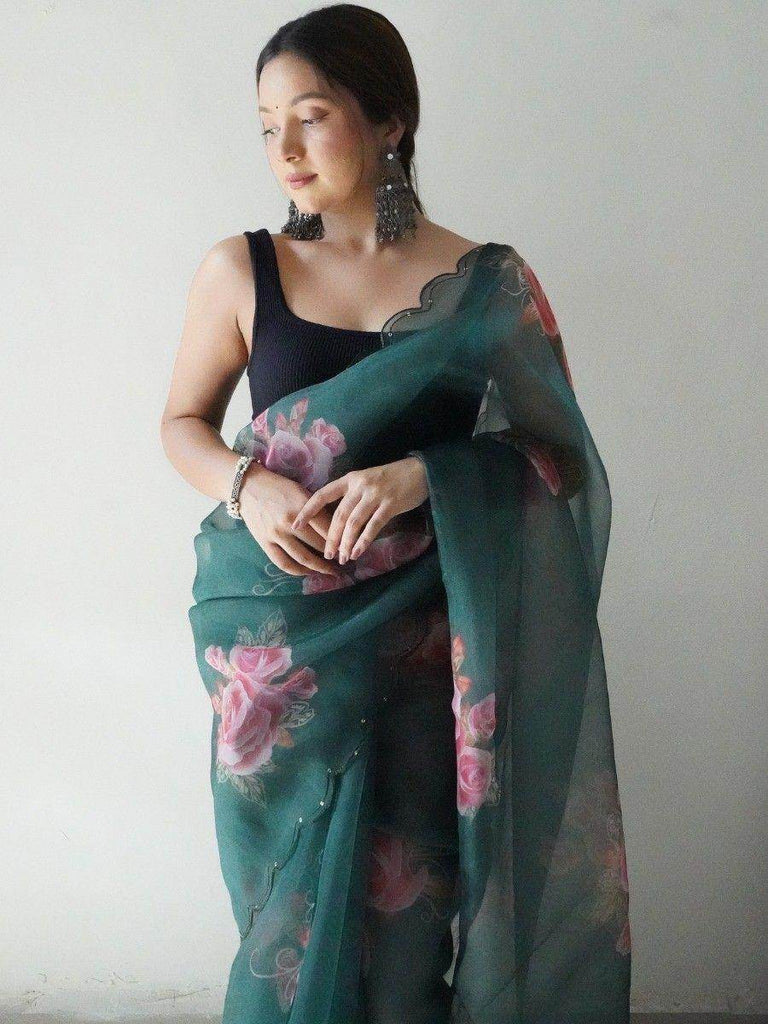 Stunning Dark Green Floral Printed Organza Event Wear Saree