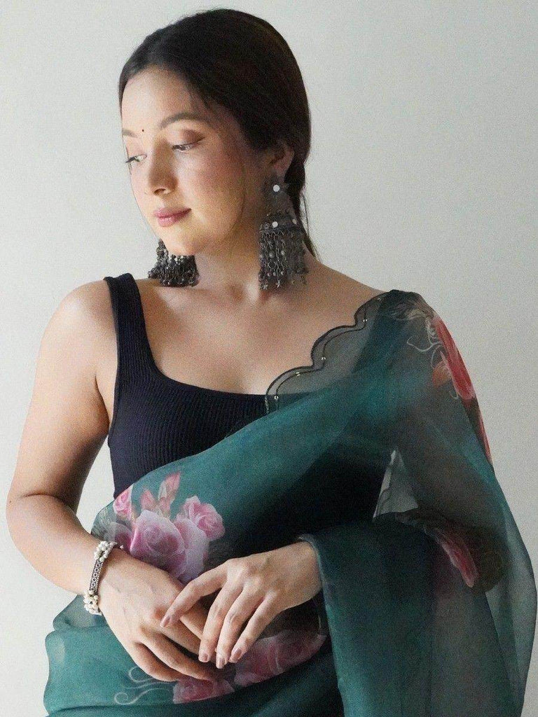 Stunning Dark Green Floral Printed Organza Event Wear Saree
