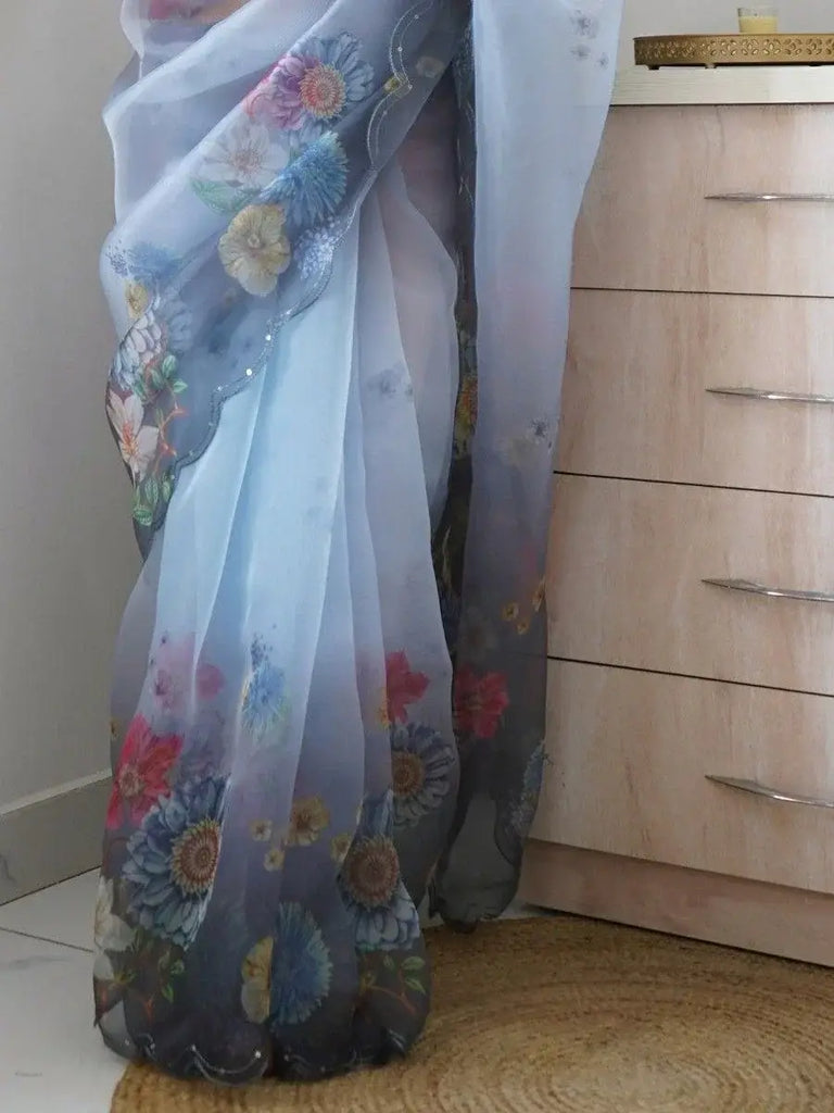 Charming Grey Floral Printed Organza Party Wear Saree With Blouse