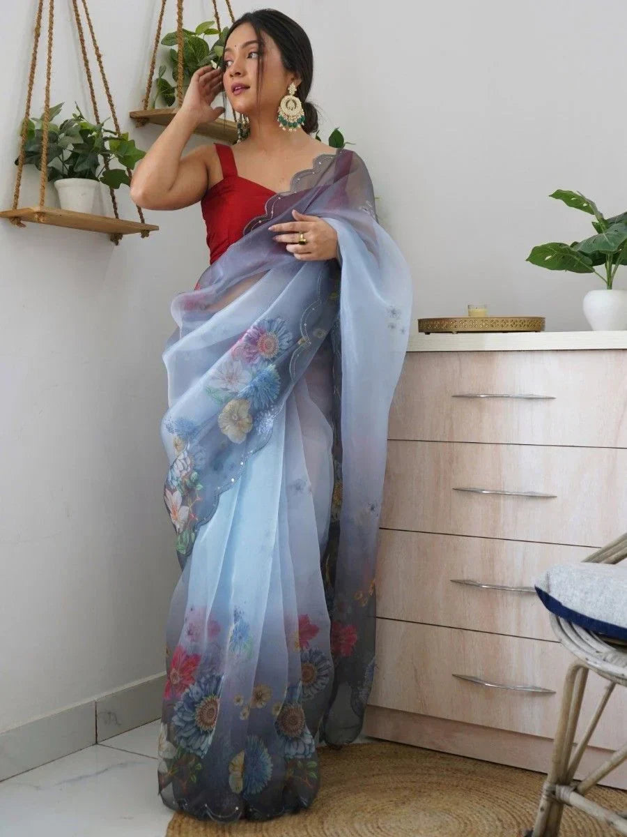 Charming Grey Floral Printed Organza Party Wear Saree With Blouse