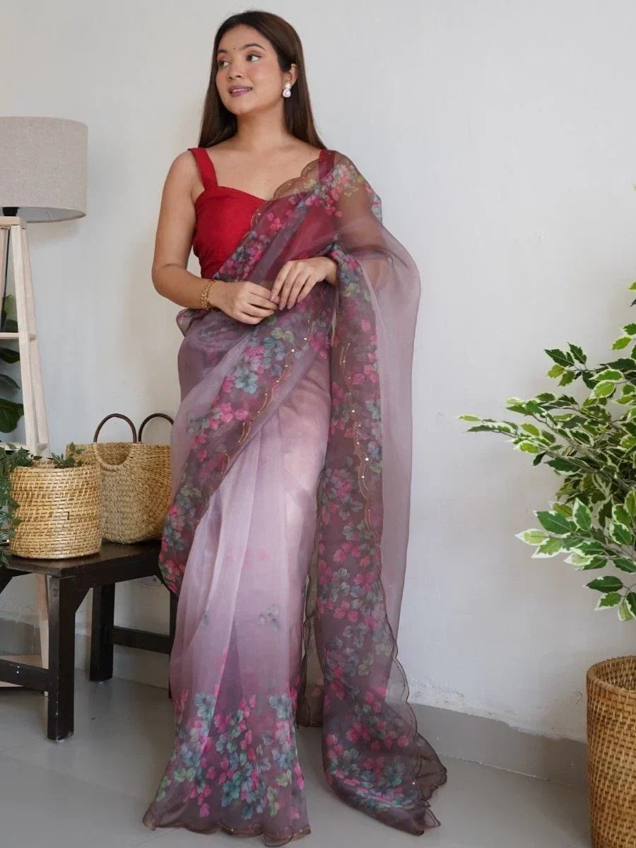 Fascinating Mauve Floral Printed Organza Saree With Blouse