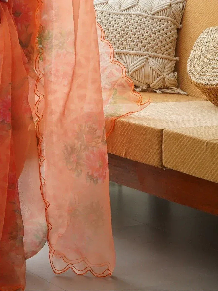 Peach floral sheer dupatta with scalloped border, perfect for ethnic wear and saree styling