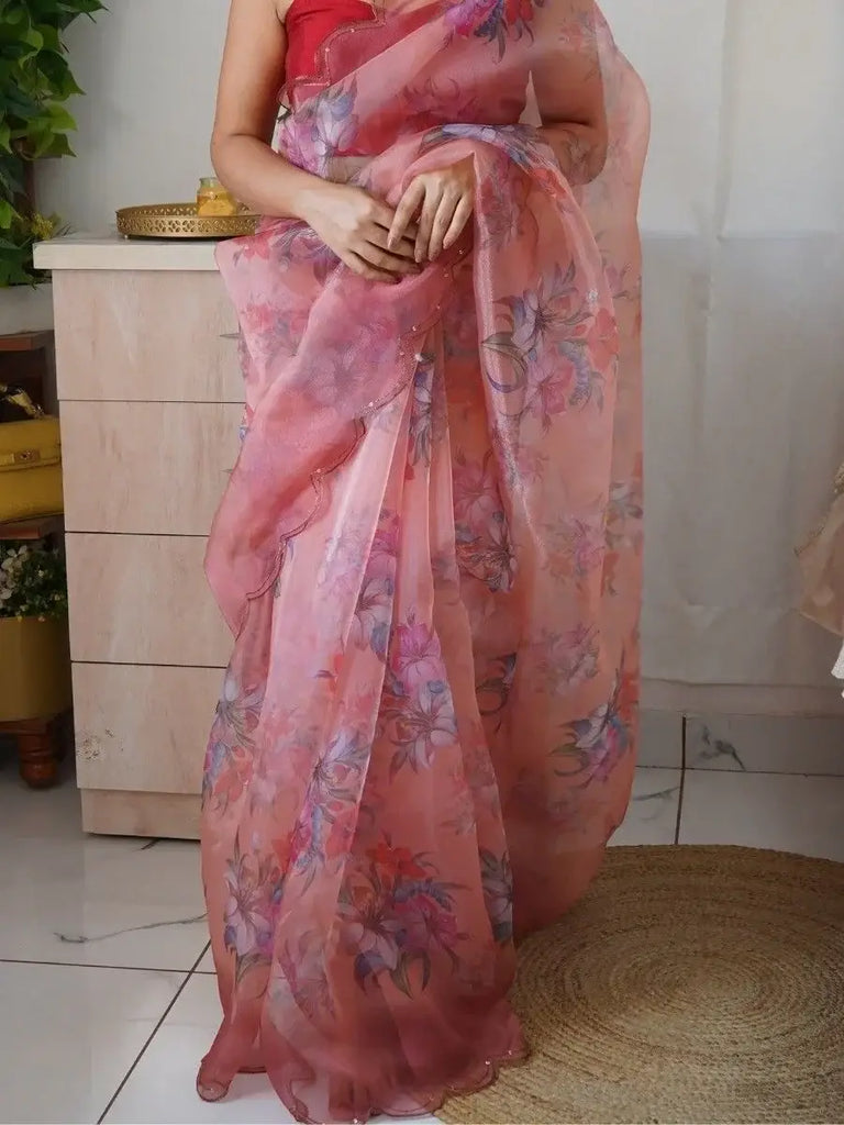 Beautiful Peach Floral Printed Organza Party Wear Saree With Blouse