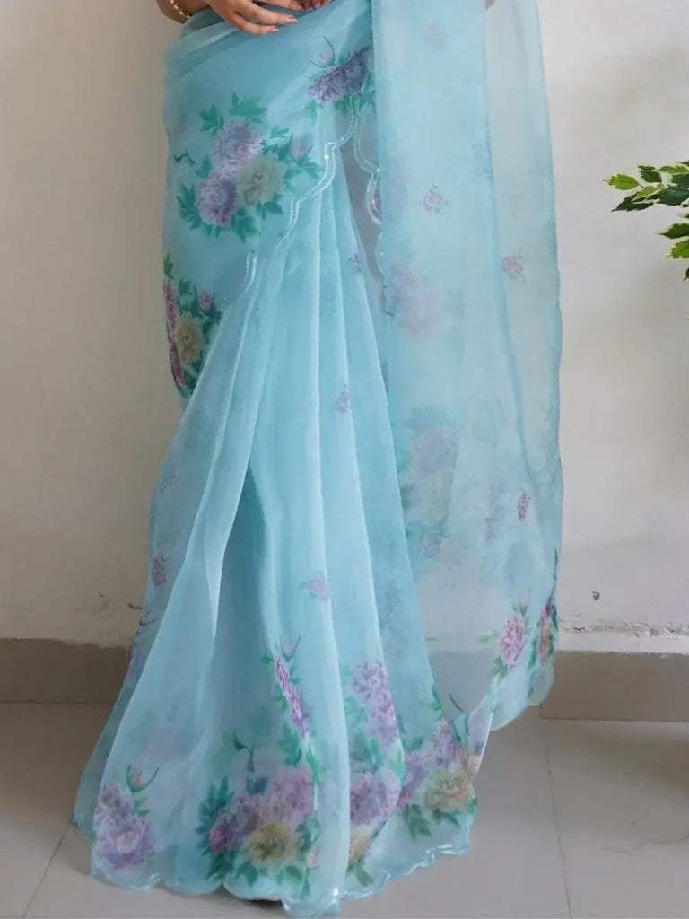 Awesome Sky-Blue Floral Printed Organza Event Wear Saree With Blouse