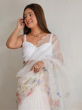 Majestic White Floral Printed Organza Cocktail Party Wear Saree