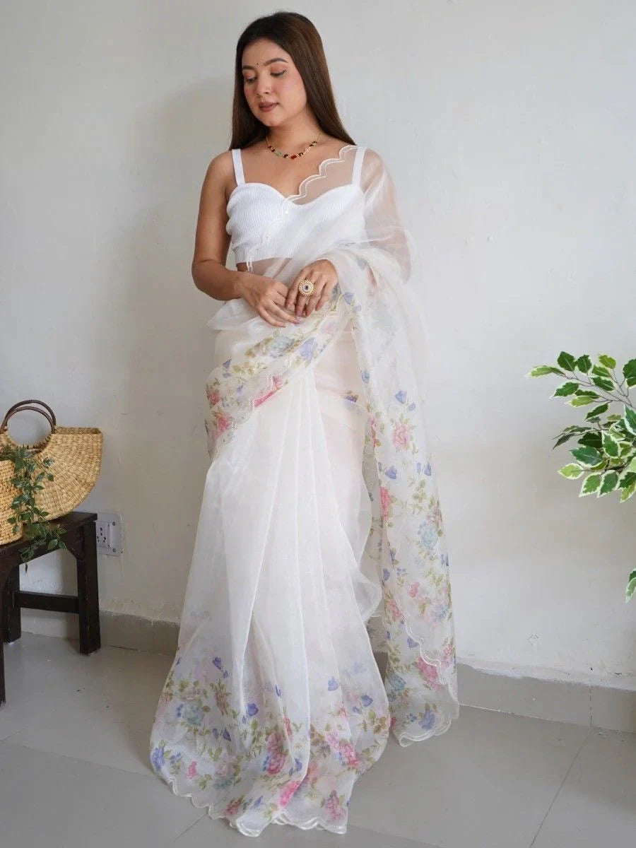 Majestic White Floral Printed Organza Cocktail Party Wear Saree