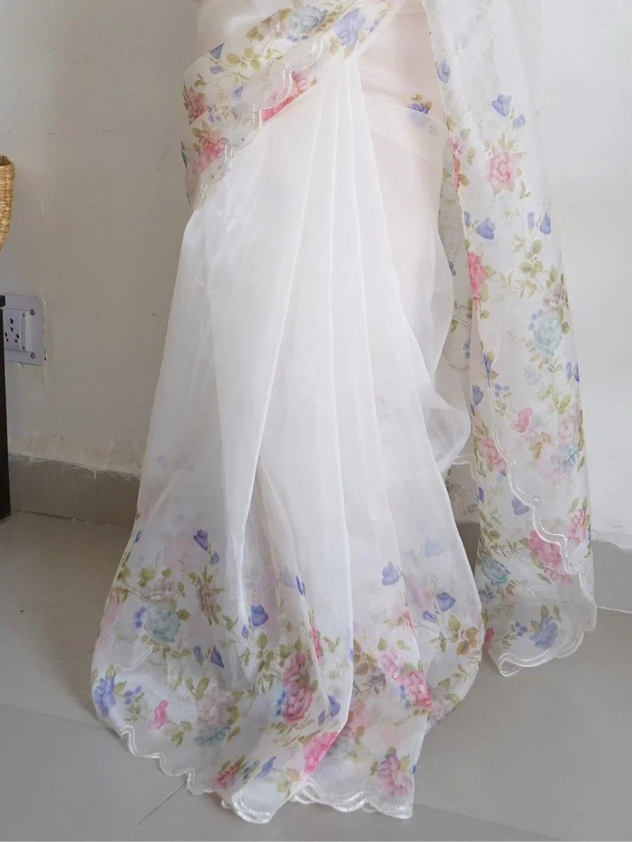 Majestic White Floral Printed Organza Cocktail Party Wear Saree