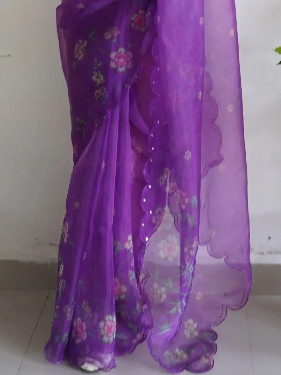 Purple floral saree with scalloped border, ethnic Indian wear for women