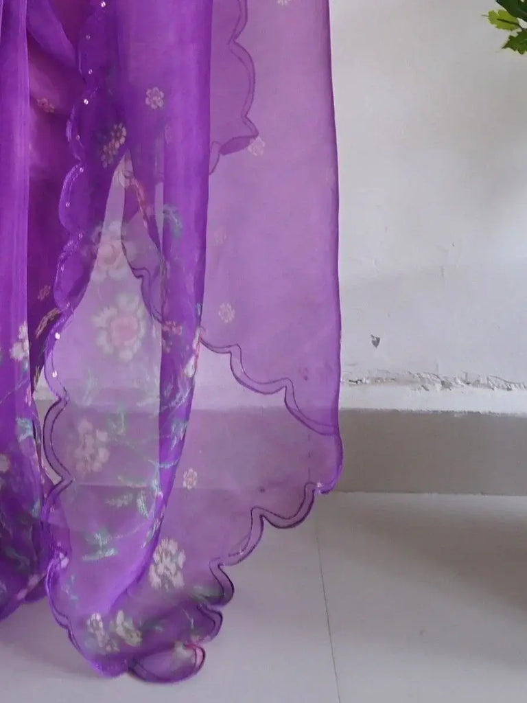 Fantastic Purple Floral Printed Organza Saree With Blouse