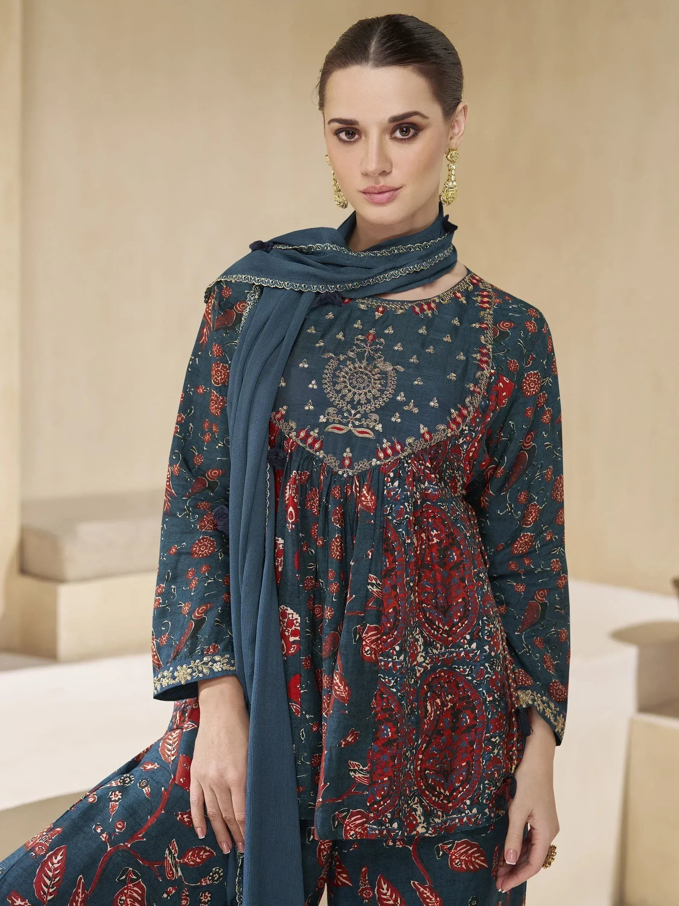 Blue and red floral printed ethnic salwar kameez with gold embroidery and matching dupatta