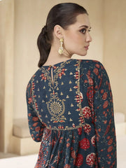 Astonishing Navy Blue Printed Silk Designer Peplum Top With Palazzo