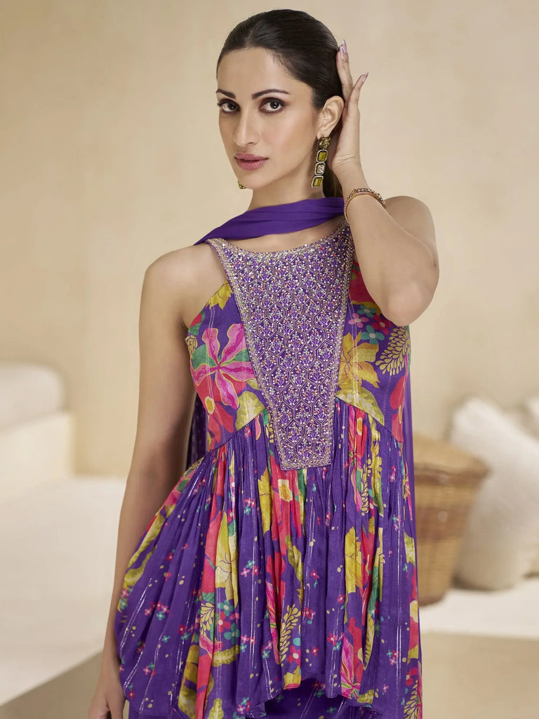 Marvelous Purple Printed Chinon Event Wear Peplum Top With Sharara