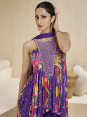 Marvelous Purple Printed Chinon Event Wear Peplum Top With Sharara
