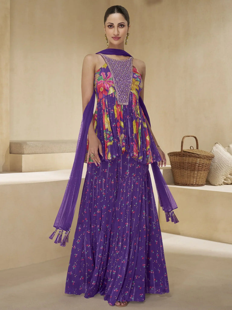 Marvelous Purple Printed Chinon Event Wear Peplum Top With Sharara