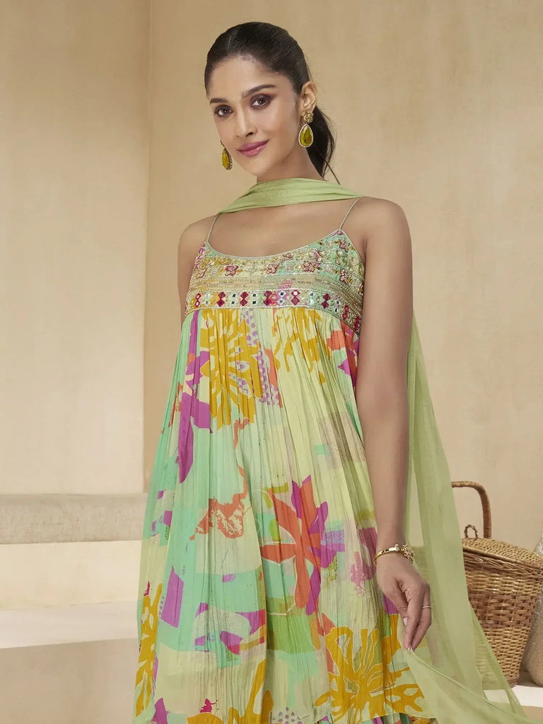 Wonderful Sea Green Printed Chinon Palazzo Suit With Dupatta