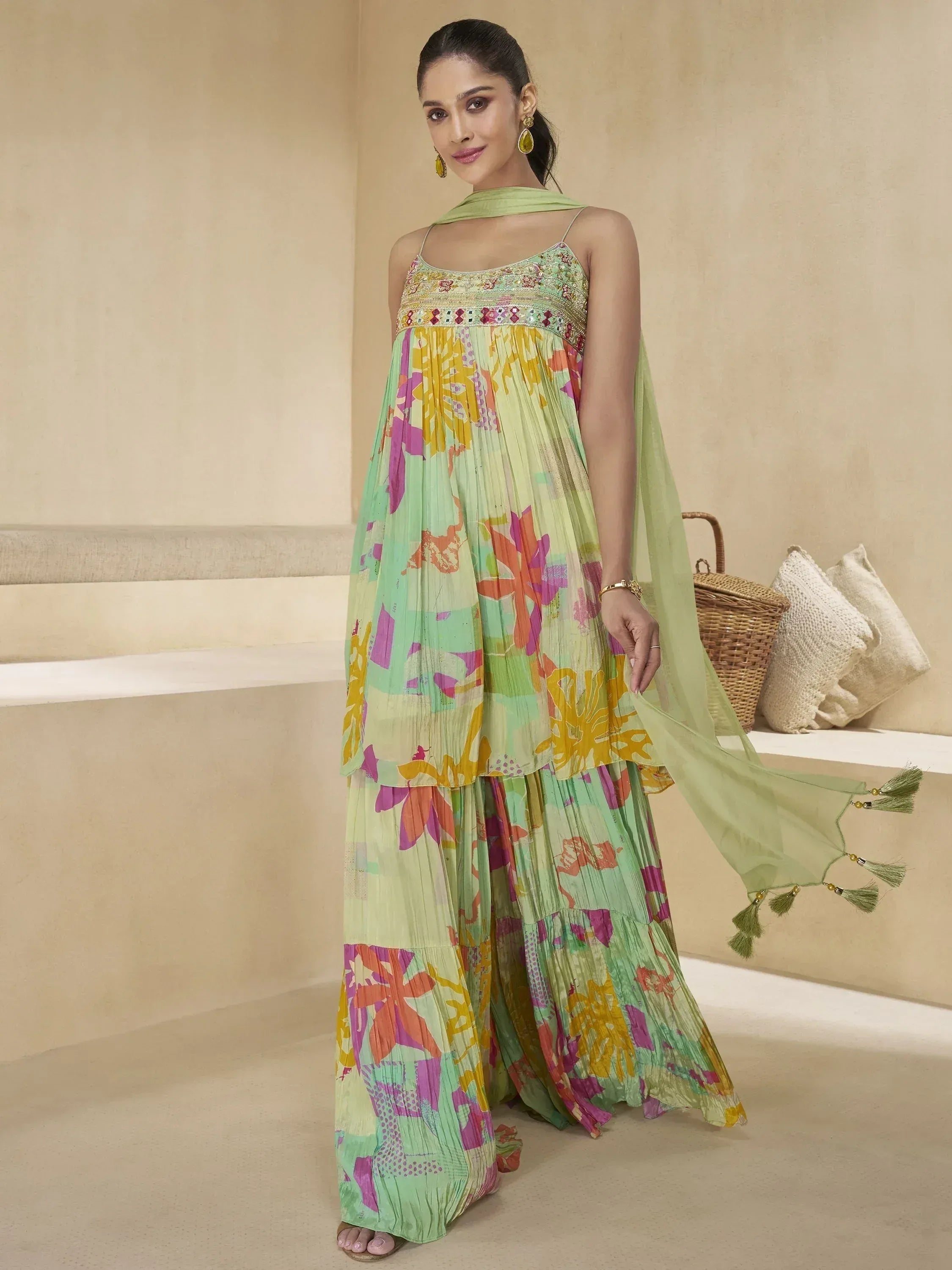 Colorful floral printed ethnic gown with pleated design and matching dupatta for women