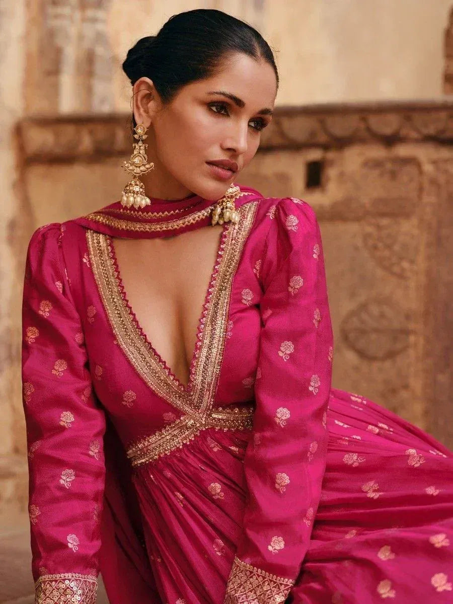 Pink designer lehenga choli with gold embroidery, ethnic Indian wear for weddings