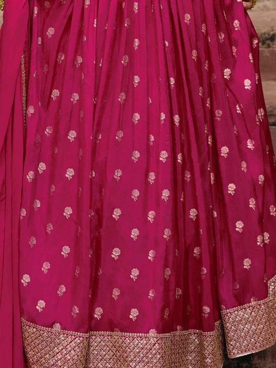Fuchsia lehenga with gold floral embroidery and border, Indian ethnic wear