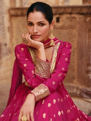 Adorable Pink Embroidered Jacquard Silk Event Wear Gown With Dupatta