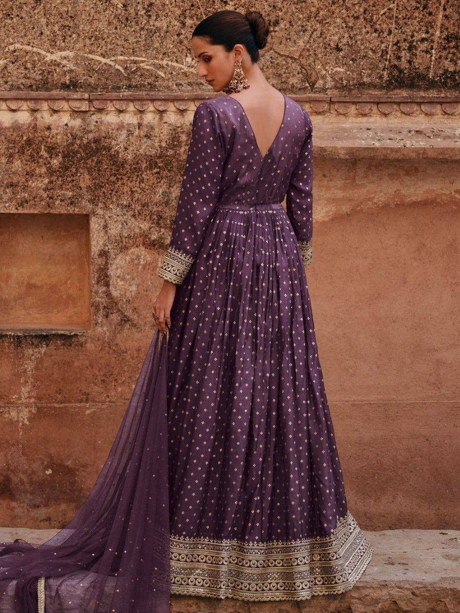 Purple ethnic gown with gold embroidery, back view, for Indian occasions
