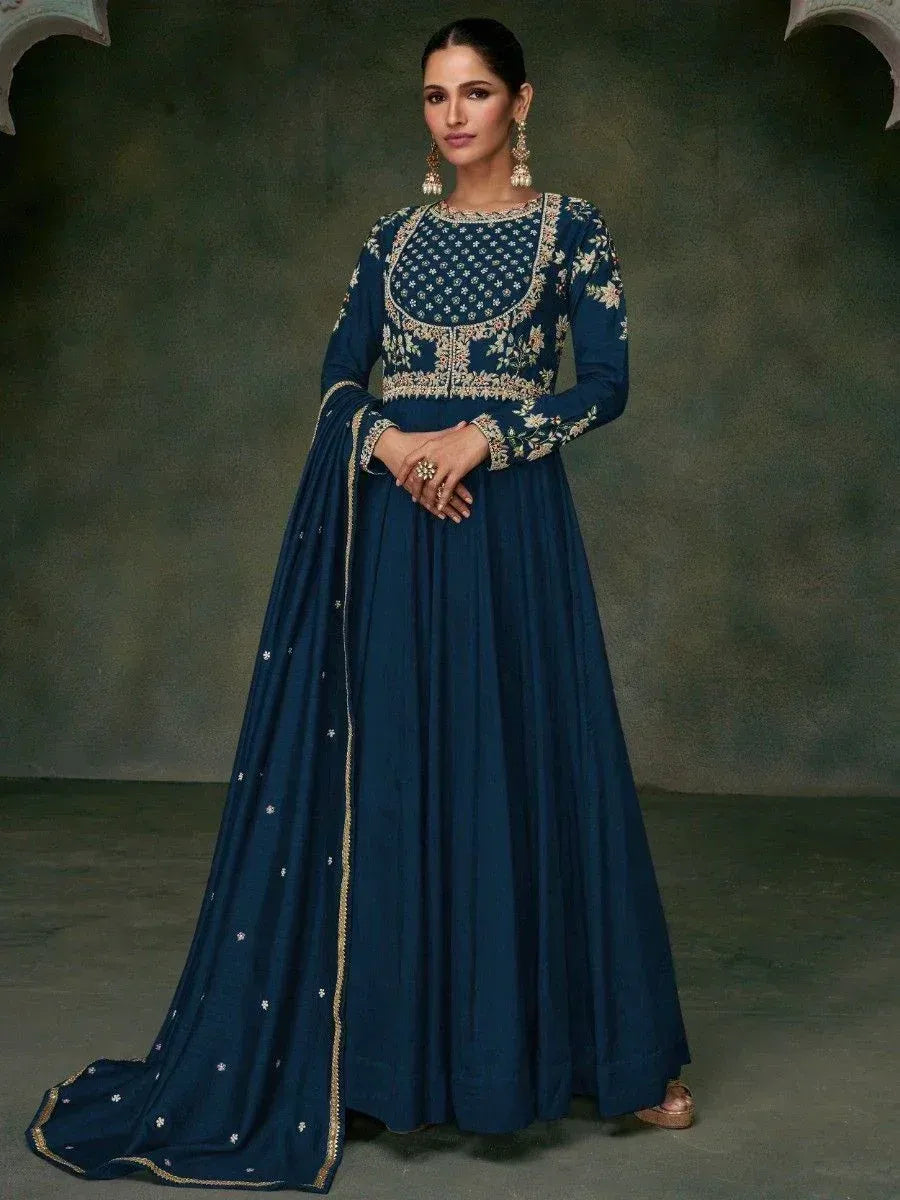 Navy blue embroidered anarkali suit with gold detailing, perfect for Indian ethnic occasions