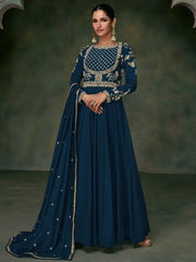 Awesome Navy-Blue Embroidered Silk Reception Wear Gown With Dupatta