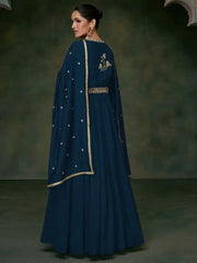 Awesome Navy-Blue Embroidered Silk Reception Wear Gown With Dupatta