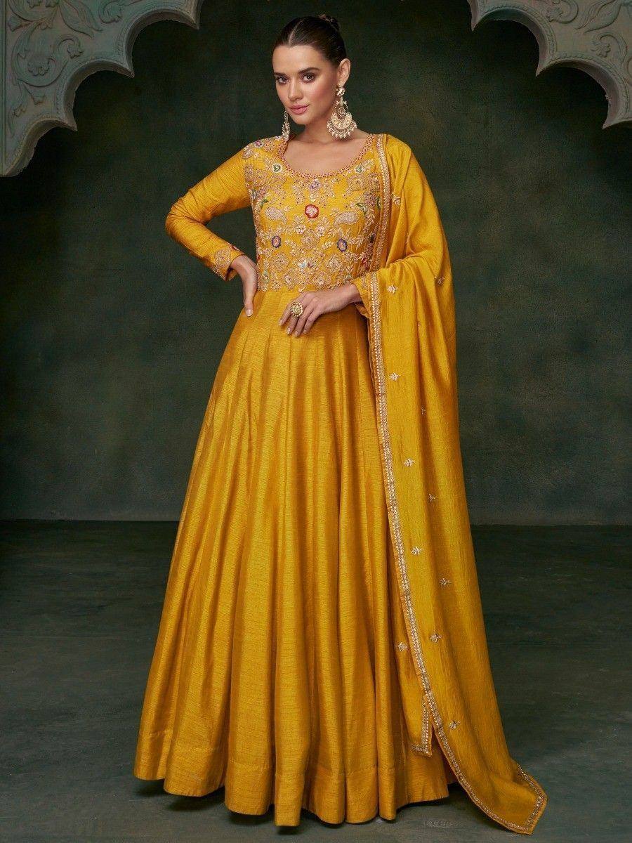 Mustard yellow designer anarkali suit with floral embroidery and dupatta, ethnic Indian wear