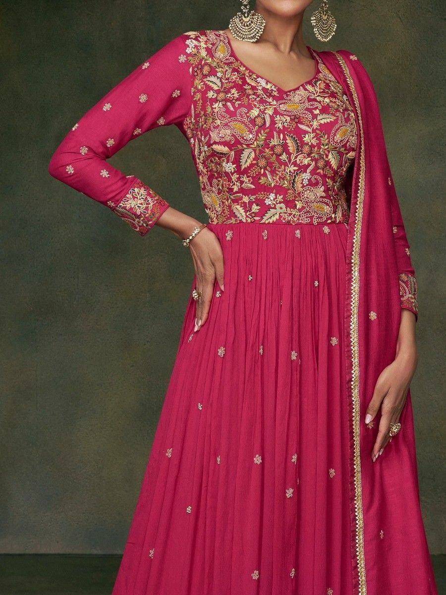 Pink embroidered anarkali suit with gold floral work, perfect for Indian ethnic wear occasions
