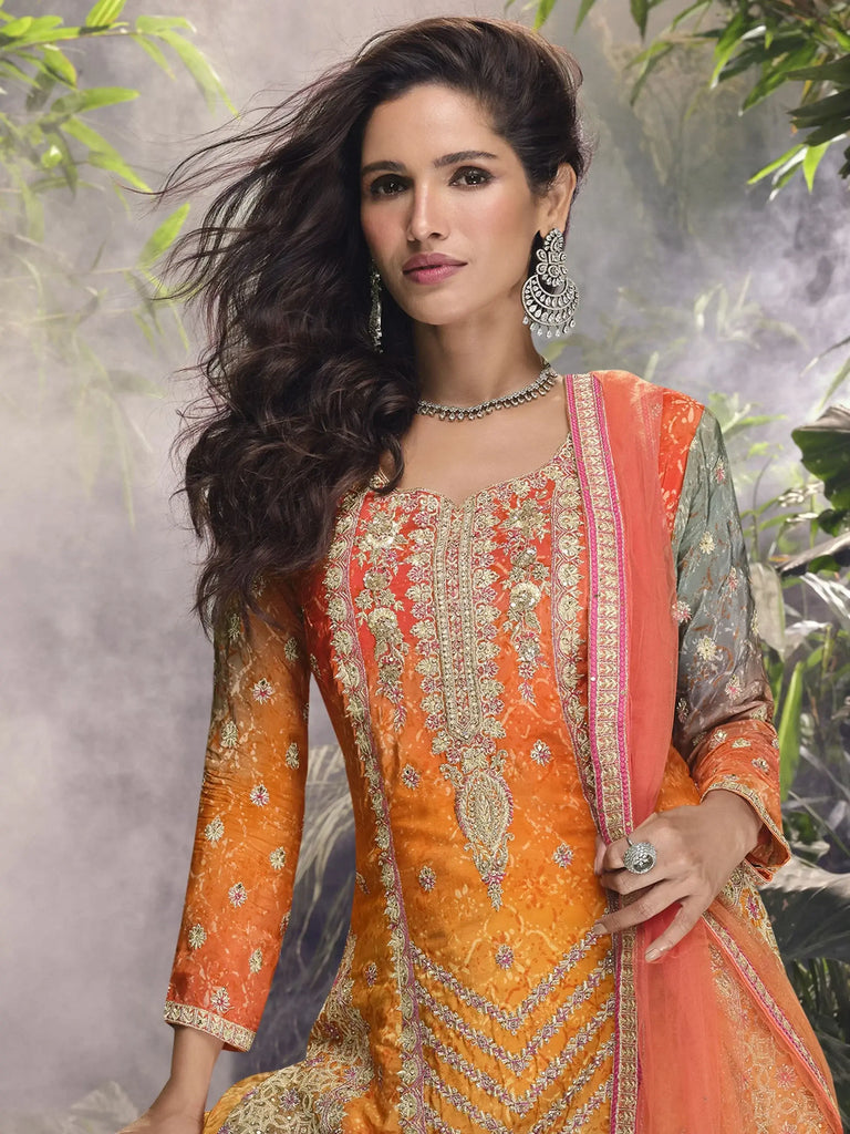 Charming Orange Zari Embroidered Chinon Silk Palazzo Suit With Dupatta