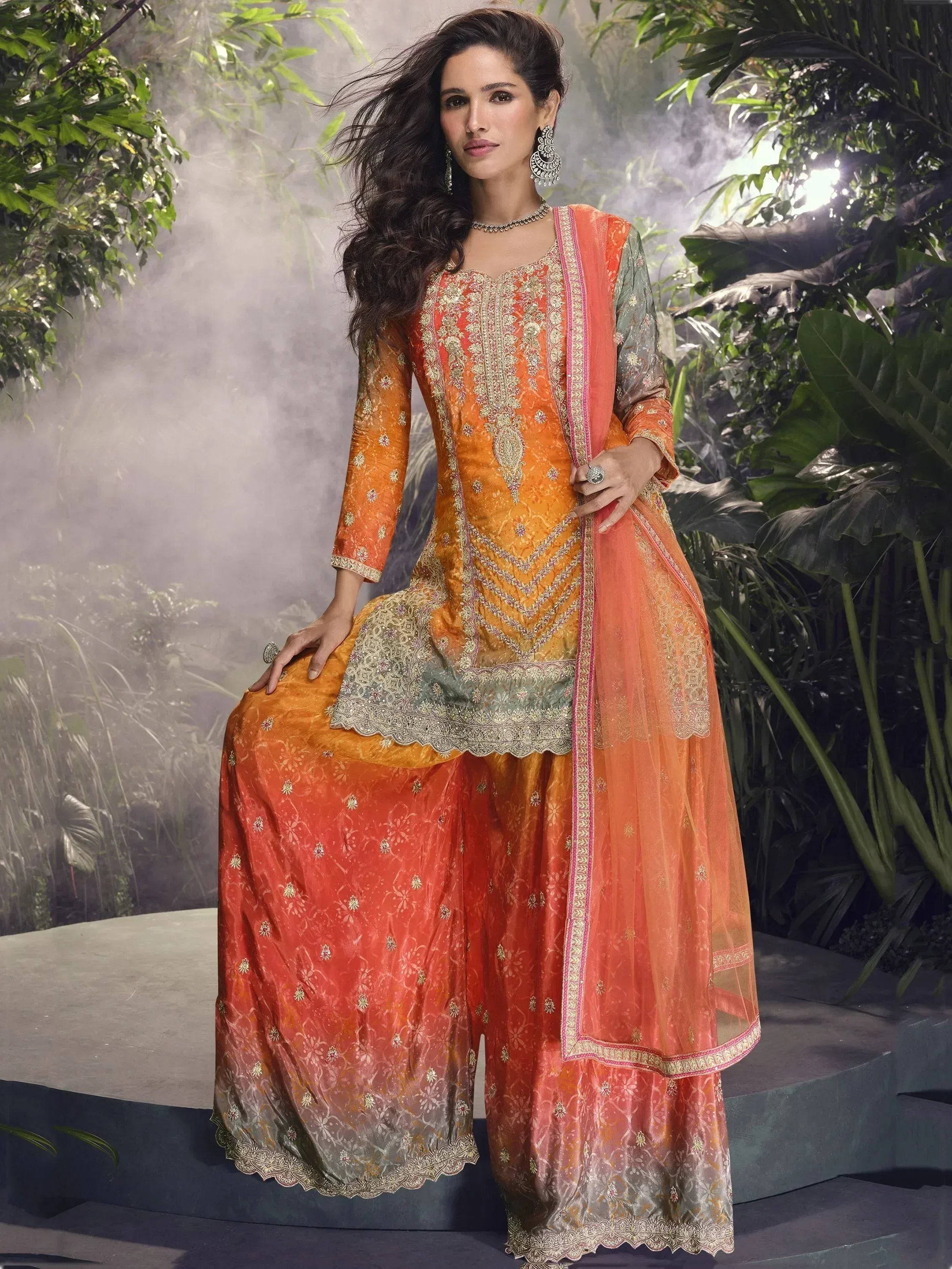 Orange and green embroidered salwar kameez with dupatta, Indian ethnic wear for women