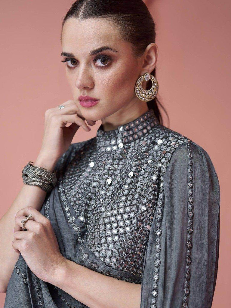 Amazing Grey Sequins Georgette Party Wear Gown With Attached Dupatta