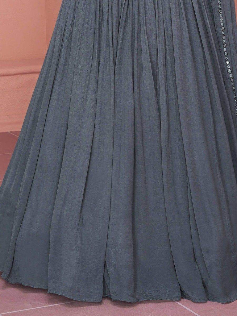 Amazing Grey Sequins Georgette Party Wear Gown With Attached Dupatta