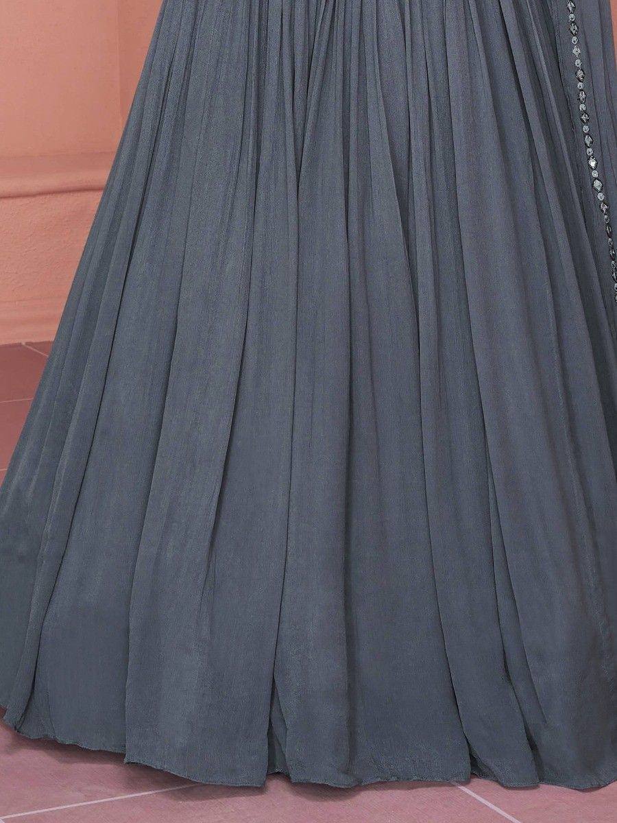 Pleated dark grey ethnic gown skirt with heavy flare and beaded border detail