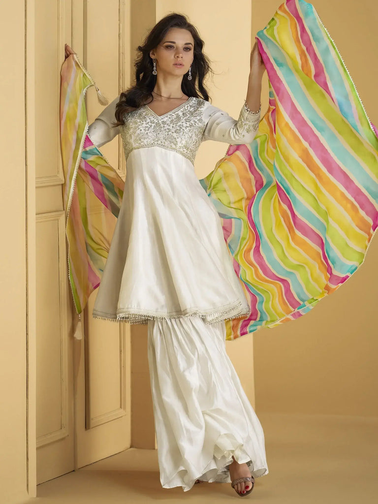 Dazzling White Silk Festival Wear Sharara Suit With Printed Dupatta