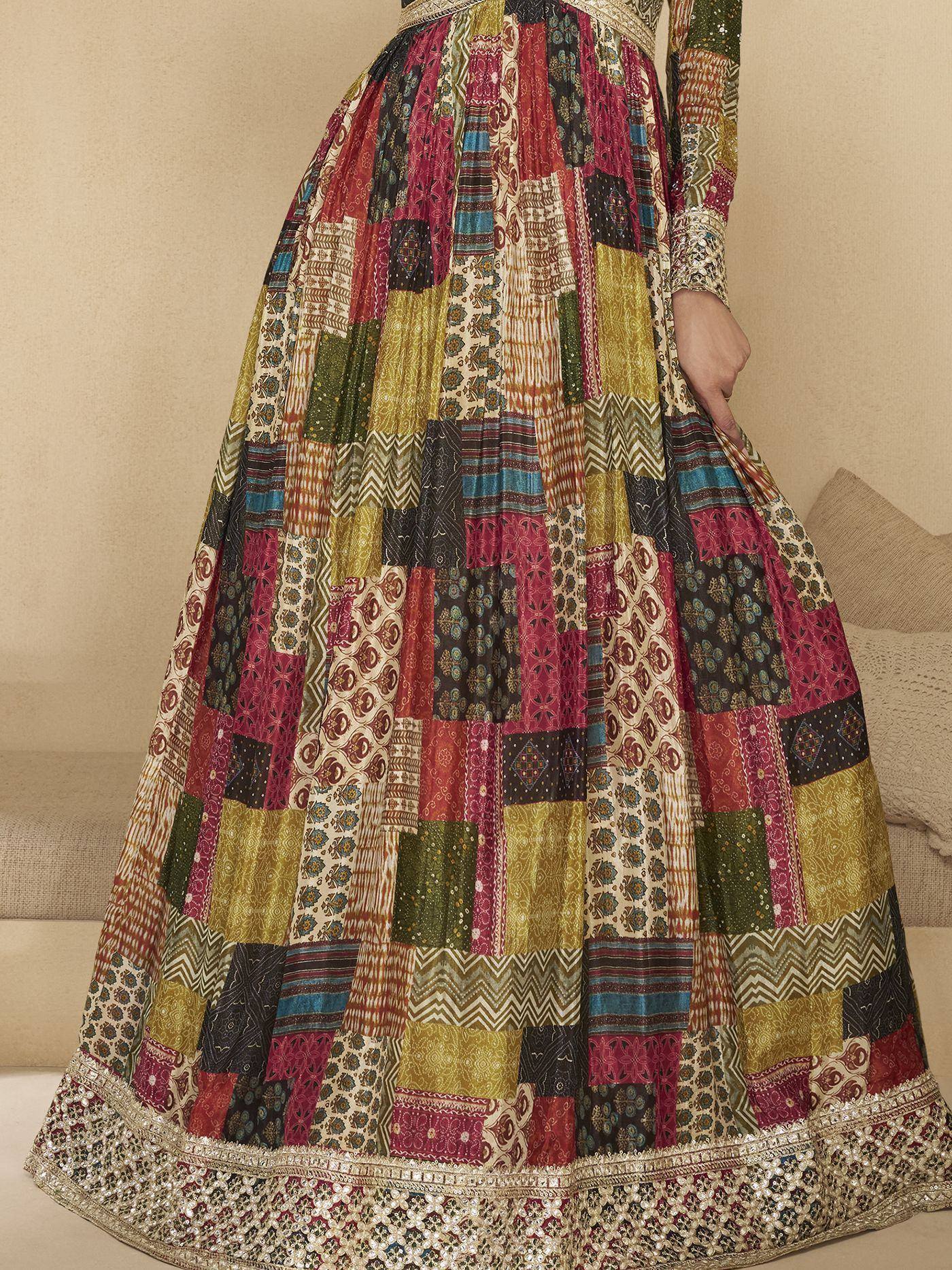 Colorful patchwork lehenga with intricate embroidery and vibrant ethnic patterns