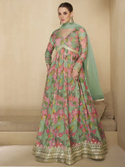 Amazing Mint Green Printed Georgette Festival Wear Gown With Dupatta