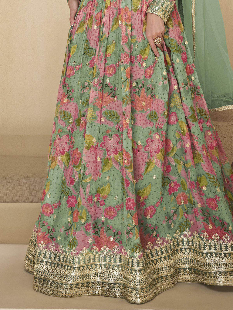 Amazing Mint Green Printed Georgette Festival Wear Gown With Dupatta