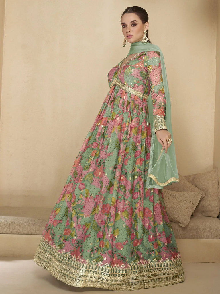 Amazing Mint Green Printed Georgette Festival Wear Gown With Dupatta