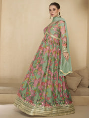 Amazing Mint Green Printed Georgette Festival Wear Gown With Dupatta