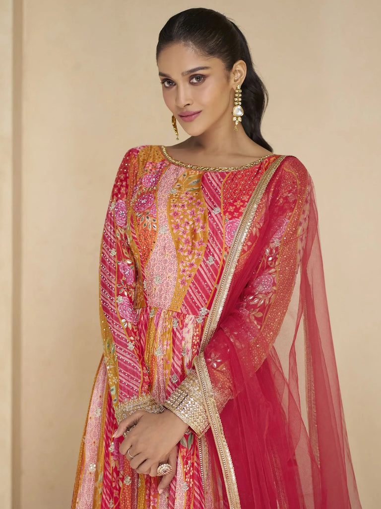 Marvelous Pink Floral Printed Georgette Traditional Gown With Dupatta