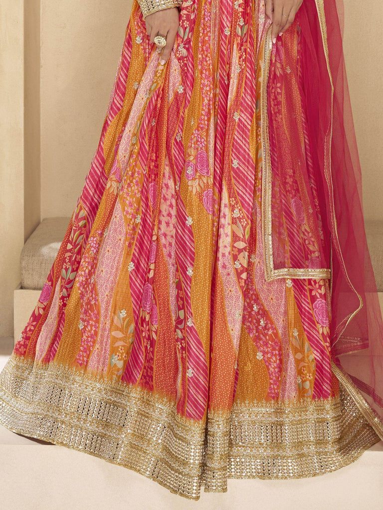 Marvelous Pink Floral Printed Georgette Traditional Gown With Dupatta
