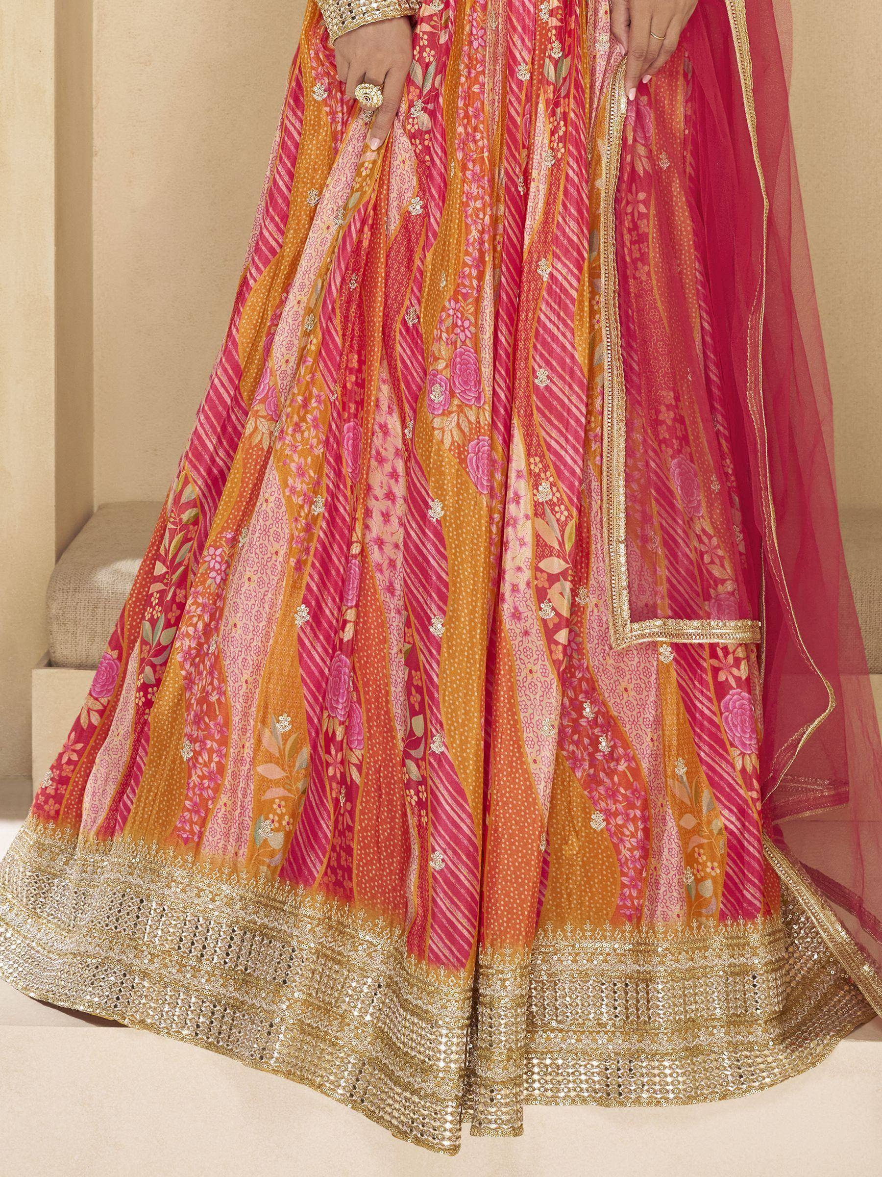 Pink and orange floral lehenga choli with gold embroidery, Indian ethnic wear