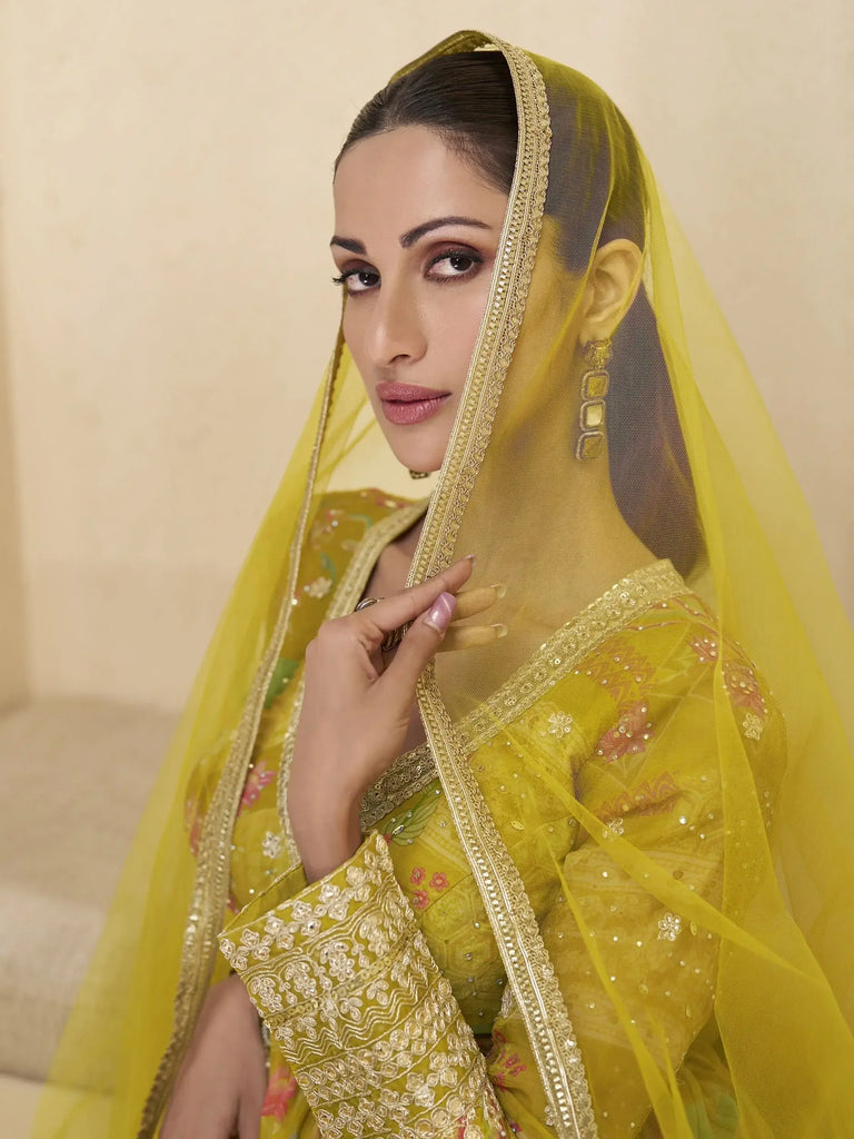 Beautiful Yellow Printed Georgette Haldi Wear Gown With Dupatta