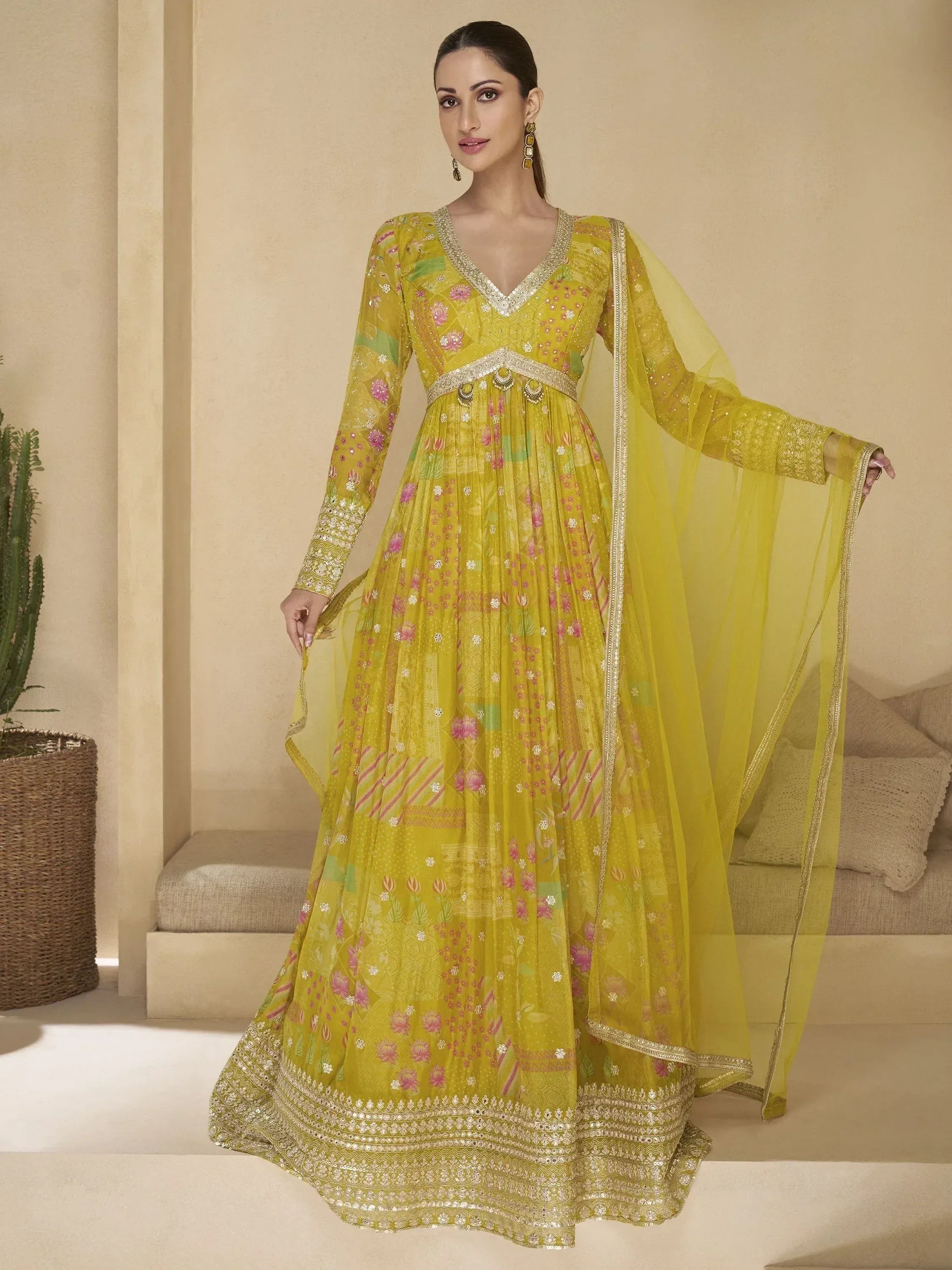 Yellow floral printed anarkali suit with gold embroidery and dupatta, Indian ethnic wear