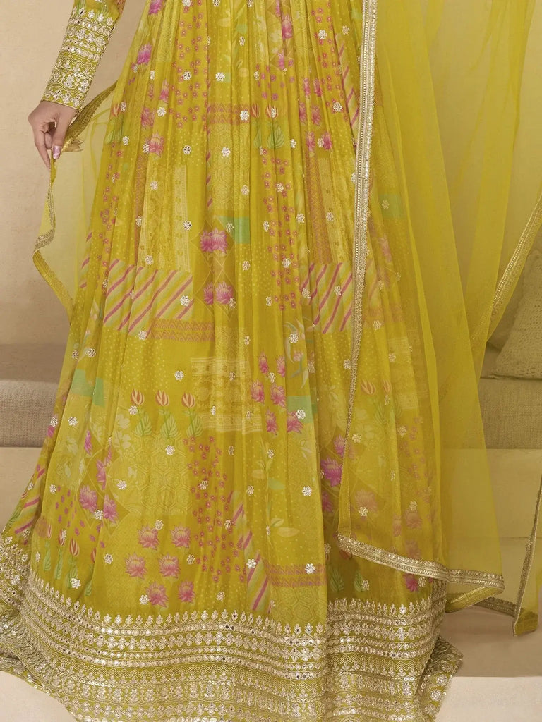 Beautiful Yellow Printed Georgette Haldi Wear Gown With Dupatta