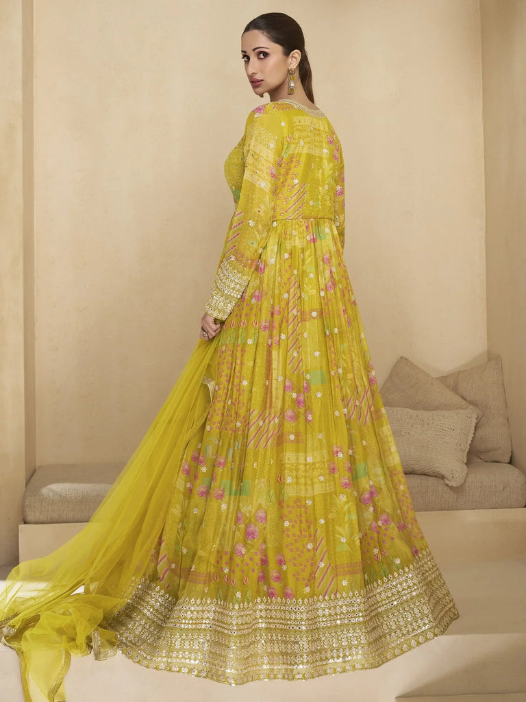 Beautiful Yellow Printed Georgette Haldi Wear Gown With Dupatta