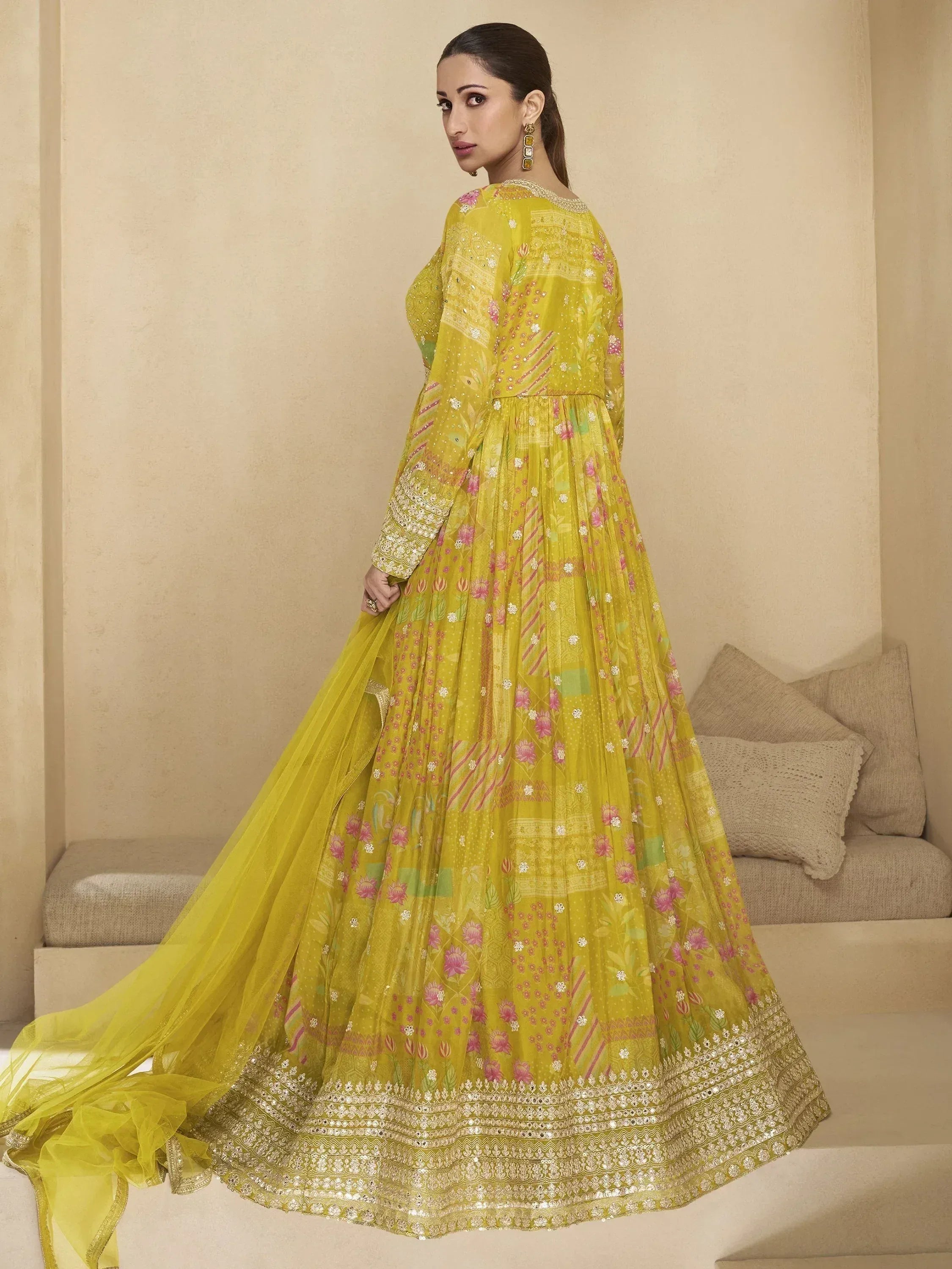 Yellow floral printed anarkali with gold embroidery, perfect for Indian ethnic wear occasions